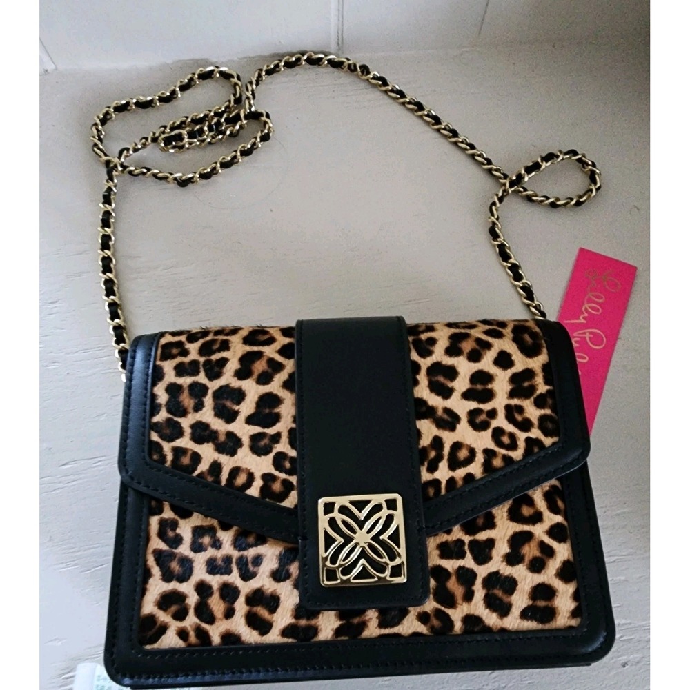 Lilly Pulitzer Handbag, NWT Dobson Crossbody Leopard/ Blk   with Gold Chain - Picture 7 of 16